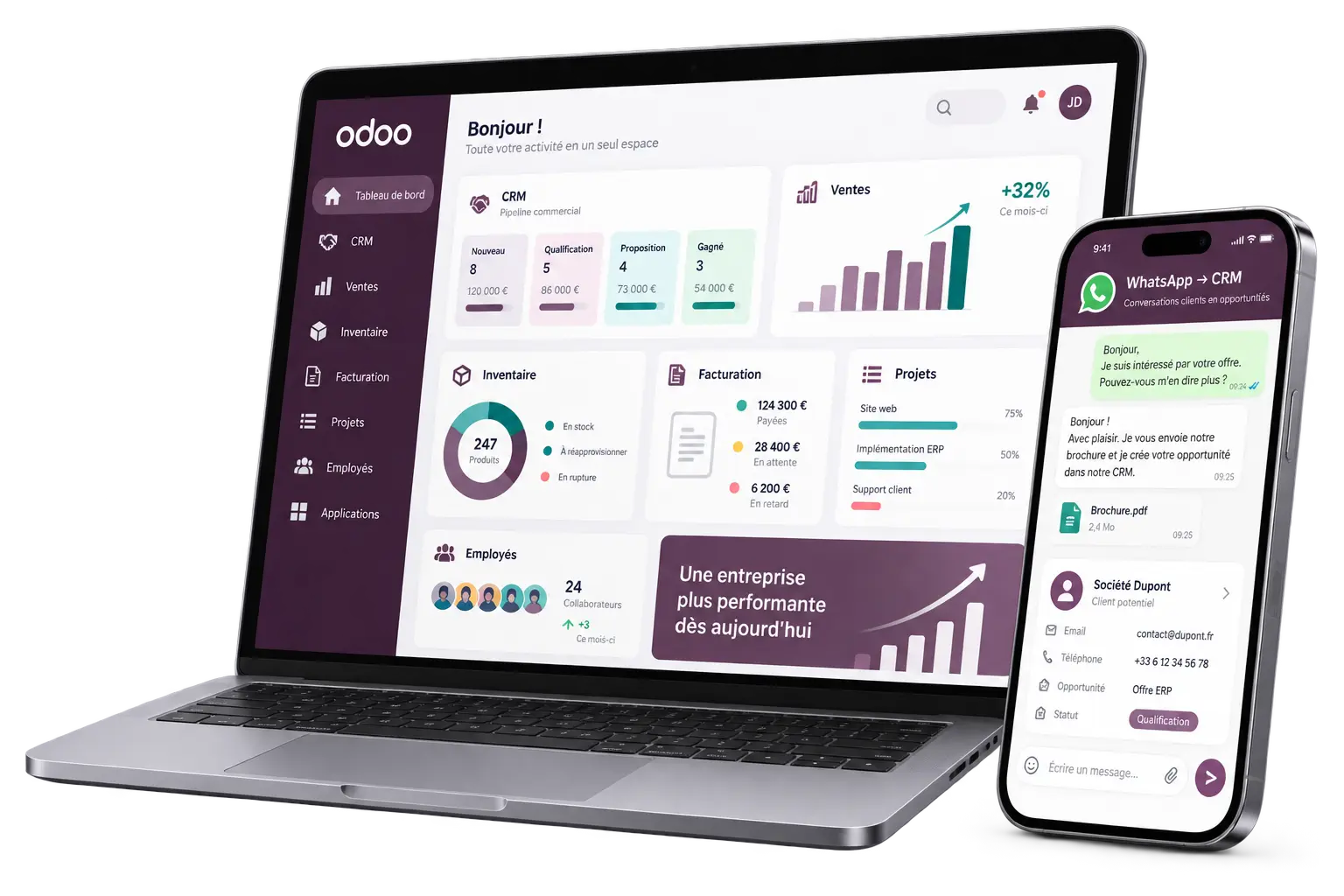 Odoo sur ordinateur et téléphone avec tableau de bord et CRM