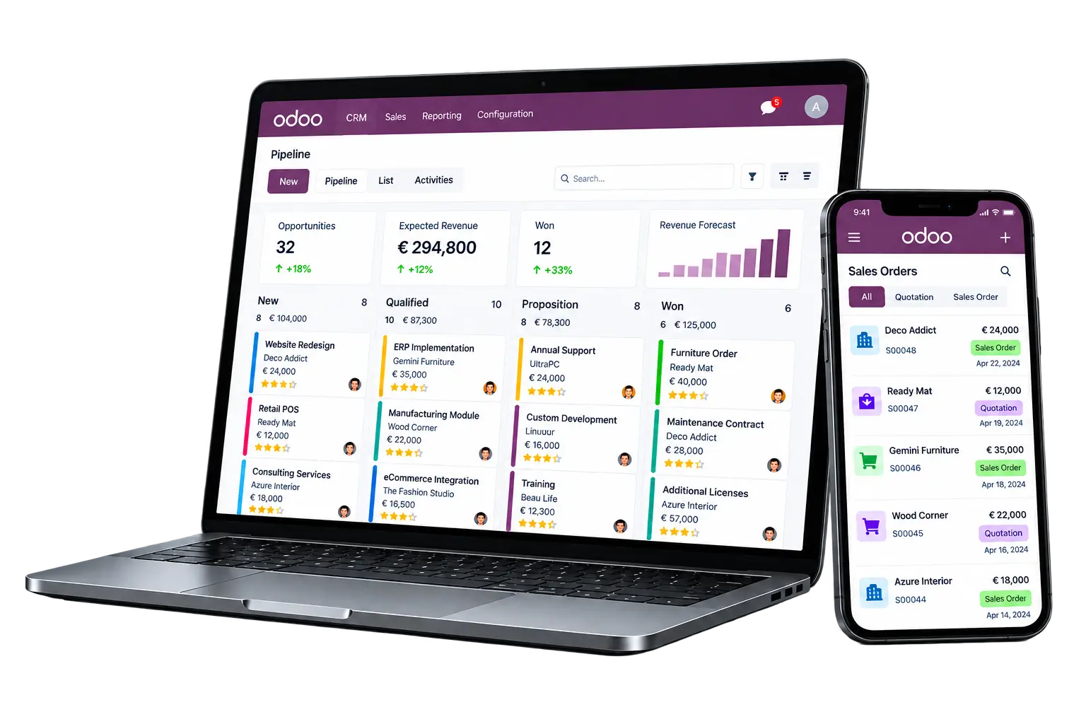 CRM et ventes Odoo sur ordinateur et téléphone